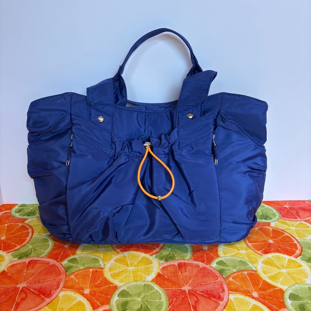Baggallini Navy Quilted Puffer Tote Bag Orange Zip + Pouch